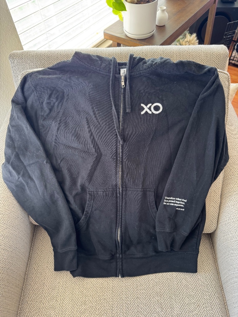 XO Marriage Zip Up Hoodie Large Christian Mark 10:9 Black Bible Verse